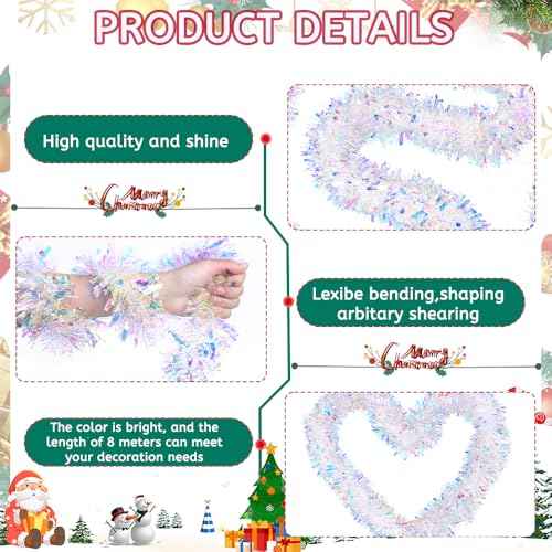 DIYDEC 26.2FT Christmas Tinsel Garland Shiny Iridescent White Garland Christmas Glitter Foil Metallic Twist Hanging Garlands for Xmas Tree Fireplace Home Party Decoration