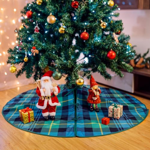 Poen 48 Inch Blue Green Tartan Plaid Christmas Tree Skirt - Festive Holiday Decor