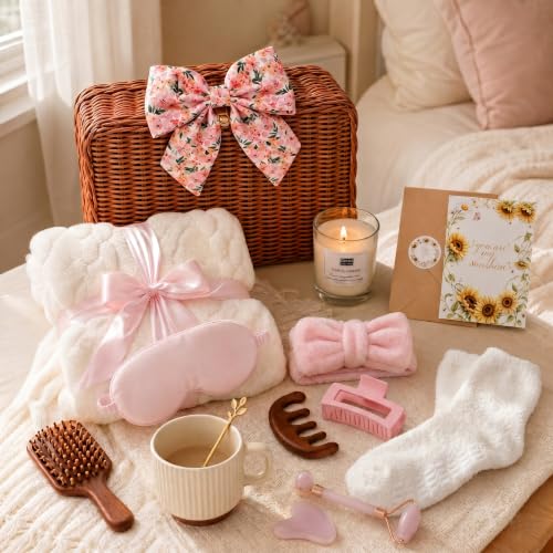 Pink Spa Gift Basket for Women - 15-Piece Self Care Set with Rattan Suitcase