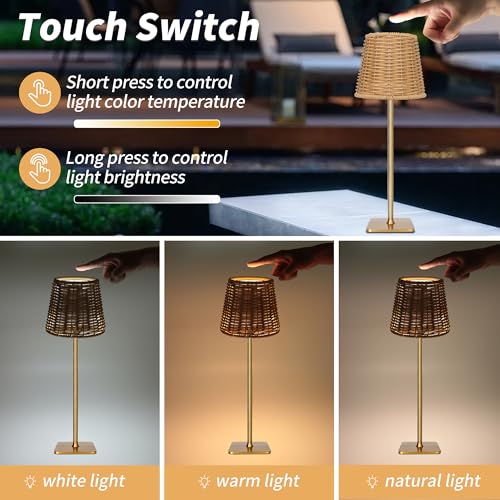 Outdoor Waterproof Cordless LED Table Lamp with Wicker Shade - Gold