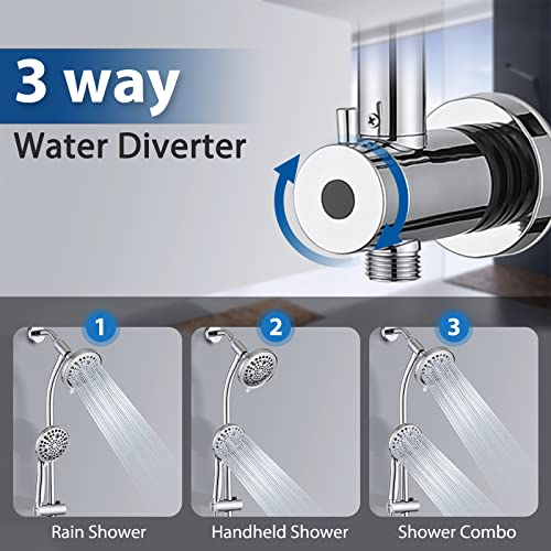 Chrome Rainfall Shower Head with Handheld Spray & Adjustable Slider Bar - High Pressure Dual Shower Combo, 3-Way Diverter, 5Ft Hose