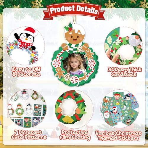 VABAMNA 28 Pack Christmas Picture Frame Craft Kit for Kids, Christmas Wreath Kit DIY Photo Frame Paper Crafts Gingerbread Snowman Hanging Ornaments for Xmas Tree Winter Art Home Classroom Activities