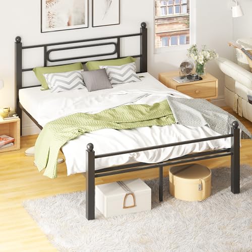 Gohapnis Full Size Black Metal Bed Frame with Headboard, Heavy-Duty Support, 12in Under Bed Storage, Easy Assembly