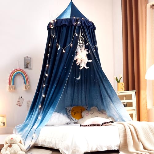 Kertnic Night Sky Ruffle Princess Bed Canopy for Girls Room Decoration, Mosquito Net & Play Tent