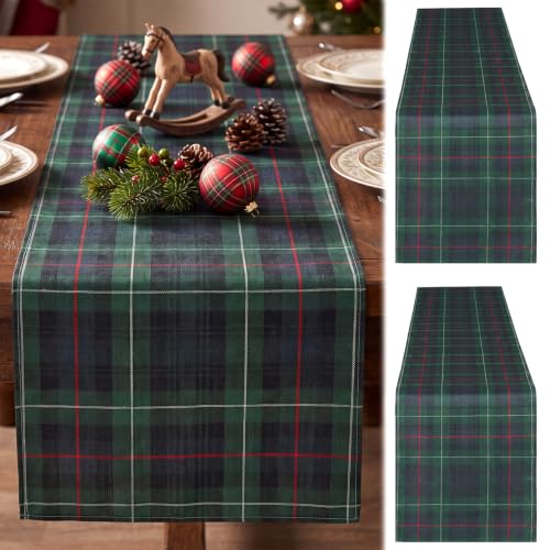 Moukeren Christmas Tartan Plaid Table Runner 70x15 Inches, Green - Set of 3