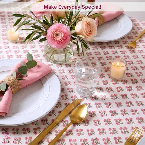 ATOSII Gulbahar White Pink 100% Cotton Fall Rectangle Tablecloth,