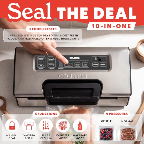 Gourmia Vacuum Sealer with Marinate Function - Food Preservation System with LED Display & Vacuum Hose