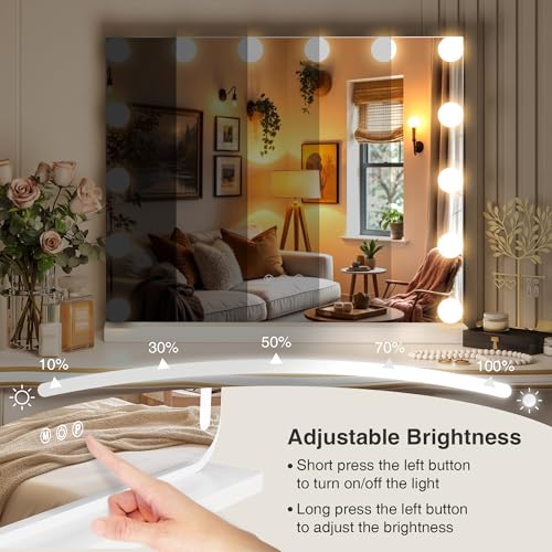Vanity Makeup Mirror with Lights - 3 Color Modes, Dimmable LED, 10X Magnification, White, 15.7"L x 20.5"W