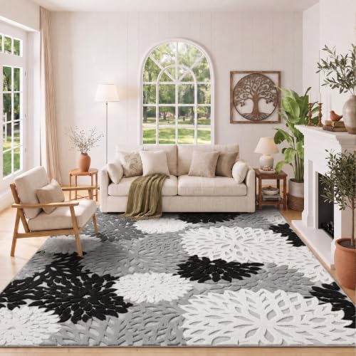 Arenarug 6x9 Grey White Black High-Low Plush Area Rug, Washable Floral Textured Carpet