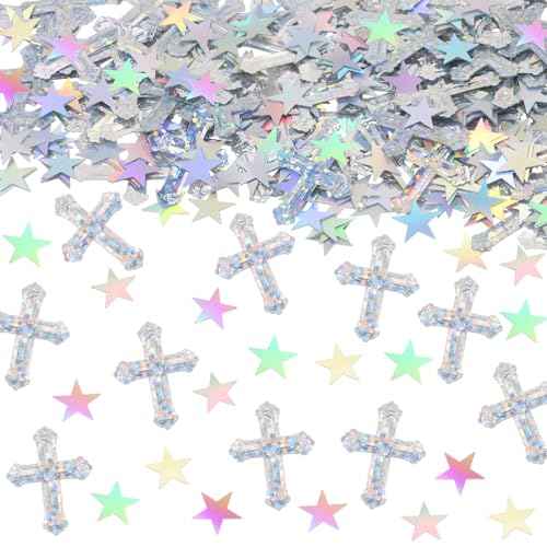 ONLYKXY 1050Pcs Star and Cross Table Confetti Decor Glitter Scatter Bless Confetti Decoration for Easter Spring Bride Shower Birthday Wedding Foil Theme Thanks Giving Party Valentine's Day (Silver)