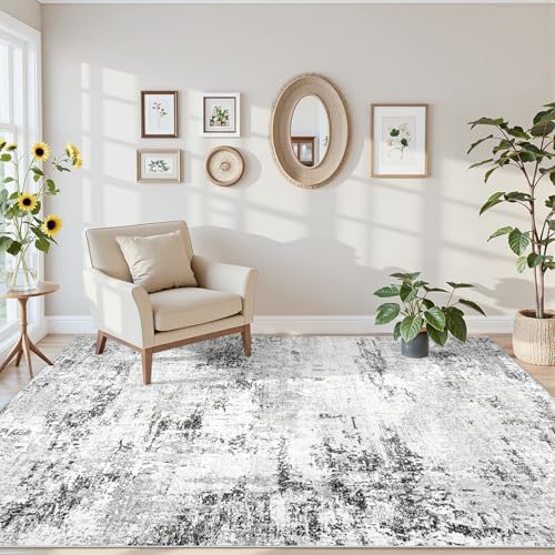 6x9 Large Washable Abstract Area Rug - Soft Non-Slip Living Room Carpet - White Grey Black, Rectangular