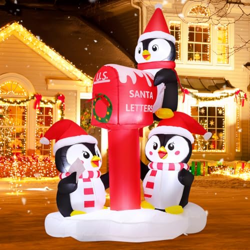 GOOSH 6.5 ft Christmas Inflatable Penguins with Santa Mailbox—LED Lighted Outdoor Yard Decor