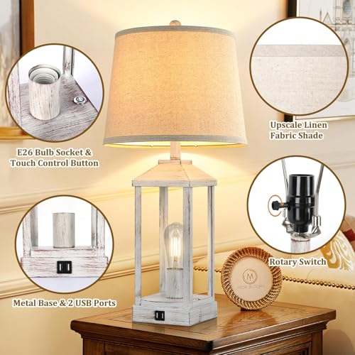 Set of 2 Farmhouse Table Lamps with USB Ports, Dimmable Nightstand Lamps for Bedroom & Living Room