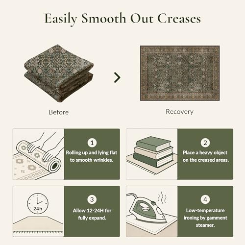 Vintage Floral Washable Rug 8x10 - Dark Green & Brown Area Carpet