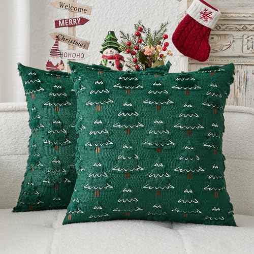 Kevin Textile Christmas Tree Pillow Covers 18x18 Inch Set of 2 Soft Plush Faux Fur with White Snow Embroidery Decoration Pillowcases for Couch Sofa Holiday Festivals Winter Xmas Gift, Dark Green