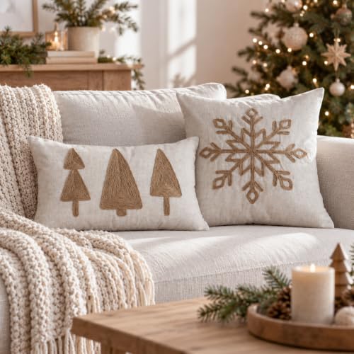 VANNCIO 20x12 Inch Jute Embroidered Christmas Tree Lumbar Pillow Cover - Pack of 1