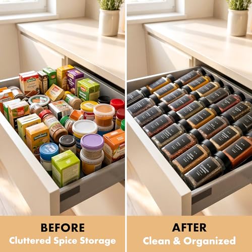 Glass Spice Jars with Black Bamboo Lids - Set of 24, Airtight Food Storage