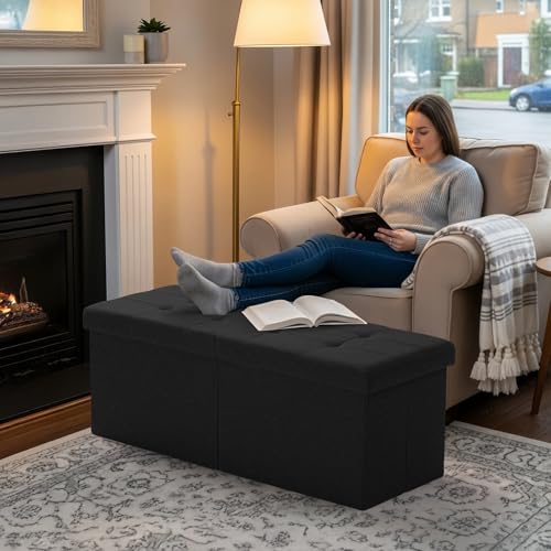 Snuvid 35-Inch Black Storage Ottoman Bench with Lid, Footrest & Shoe Organizer