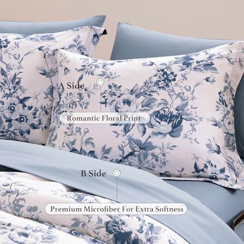 Rain Washed Oversized Queen Comforter Set 7 Pieces Blue Floral Bed in a Bag