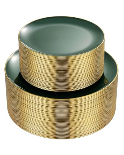 PULOTE Green Disposable Plates with Gold Rim - 100 Pack, Includes 50 Dinner 10.25-inch & 50 Dessert 7.5-inch for Parties & Christmas