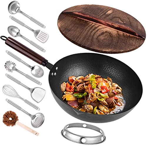 12.8-Inch Carbon Steel Wok with Lid and Accessories Set - Non-Stick Honeycomb Design