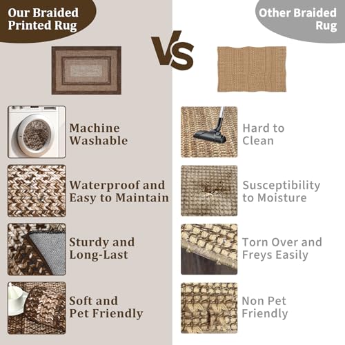 Brown Washable Geometric Rug 5x7 - Farmhouse Braided Print, Non-Slip, Low Pile
