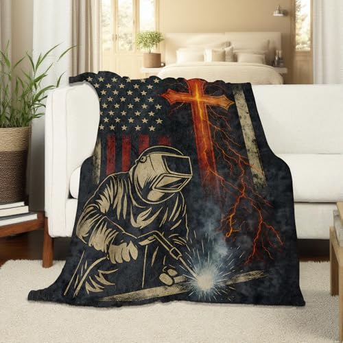 American Flag Welder 60x80in Flannel Blanket - Cozy Throw for Couch, Bed, Gifts kzoda