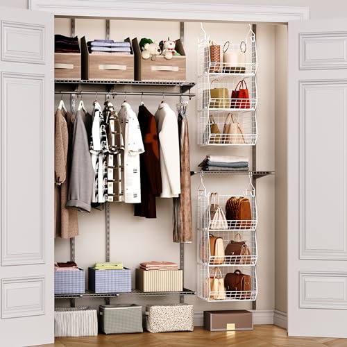 3-Tier Foldable Closet Organizer with Hooks - White Storage Baskets for Clothing & Accessories