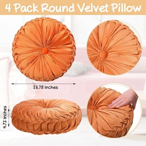 Kathfly Velvet Pleated Round Throw Pillows - Pumpkin Style, 4 Colors, 14x14 Inches - Orange, Yellow, Pink, Green