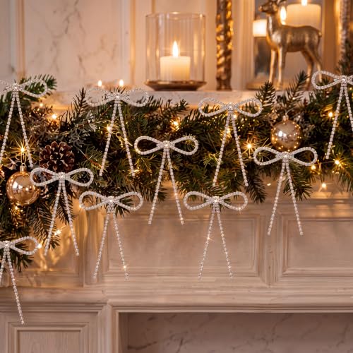 12 Silver Rhinestone Christmas Bow Ornaments - Elegant Holiday Decor