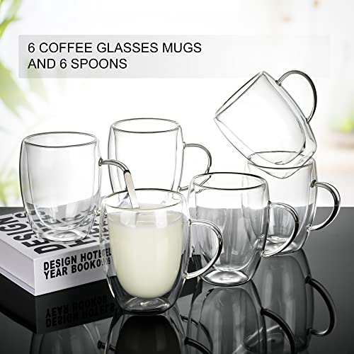 Double Walled Borosilicate Glass Coffee Cups Set - 6 Pack 350ml with Spoons
