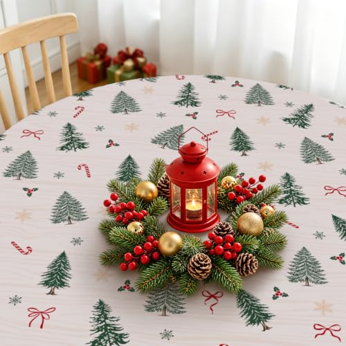 Exacmos Xmas02 52-Inch Elastic Round Water-Resistant Tablecloth for Holiday Decor