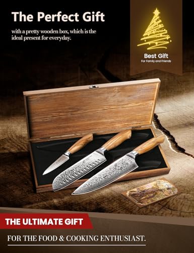 Emojoy 3-Piece Japanese Damascus Steel Knife Set with Olive Wood Handles & Wooden Box - Variation 3
