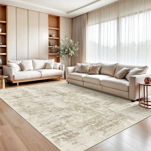 Large 8x10 Abstract Area Rug - Washable Beige & Gray Living Room Decor - Non-Slip, Pet-Friendly