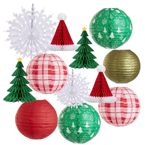 OBBOLO Christmas Hanging Decor Set 12 pcs Red Green White Gold Honeycomb Paper Lanterns Fans