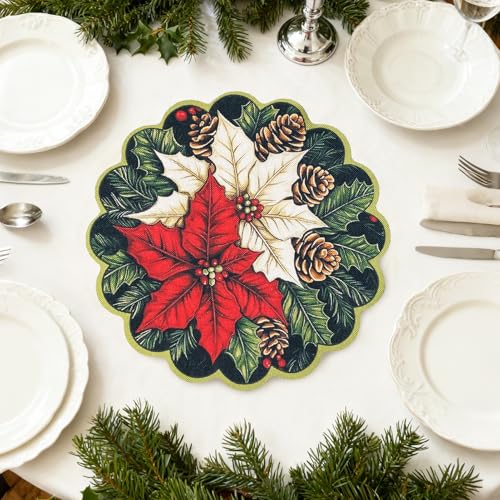 Set of 4 Christmas Placemats, 15 in Holly Leaves Red & Green