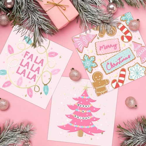 Honeyplum Pink Christmas Cards with Envelopes, Holiday Greeting Set, 24 Pack
