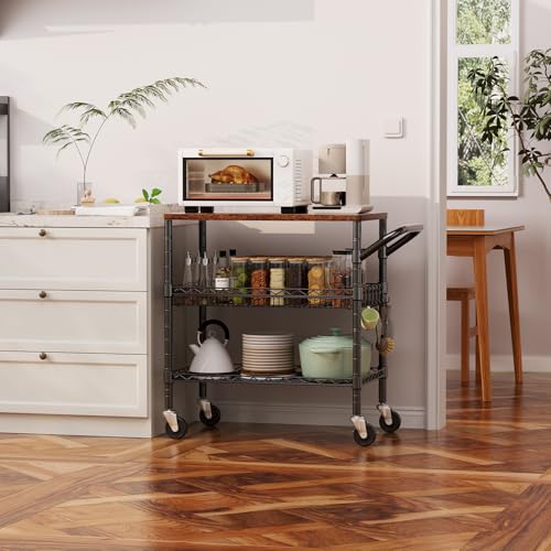 WDT 3-Tier Rolling Utility Cart with Wood & Metal - Heavy Duty Kitchen Storage