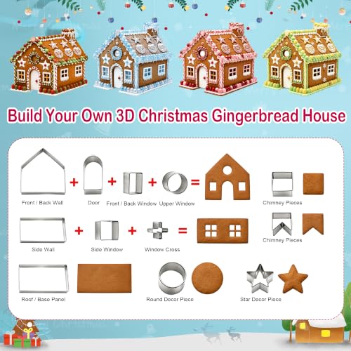 SINGARE 10Pcs 3D Gingerbread House Cookie Cutters Set – Stainless Steel, Includes Front/Back Walls, Roof, Doors & Windows