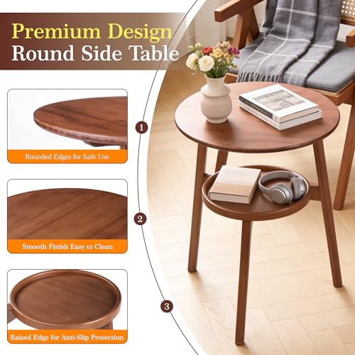 VELOHEIM Brown 2-Tier Round Bamboo Mid-Century End Table - Rustic Modern Side Table
