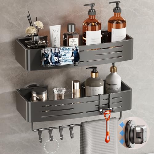 Voldra Suction Cup Shower Caddy 2 Pack - Rustproof Aluminum Bathroom Organizer with Towel Bar & Hooks