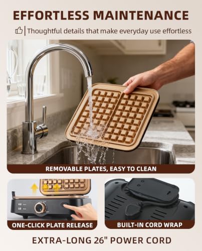 Large Belgian Waffle Maker with Copper-Coated Non-Stick Plates & Stepless Temp Control
