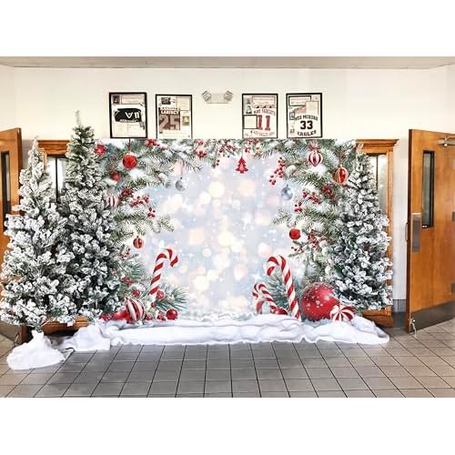 Christmas Candy Cane Backdrop Xmas Tree Winter Snow Scene Photography Background Merry Christmas Holiday Party Decorations Banner Booth Props (7x5FT(82x59 inch))