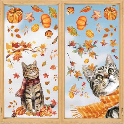 Horaldaily 60 PCS Fall Thanksgiving Window Cling Sticker, Pumpkin Leaves Cats Home Party Supplies Shop Window Glass Display Decoration