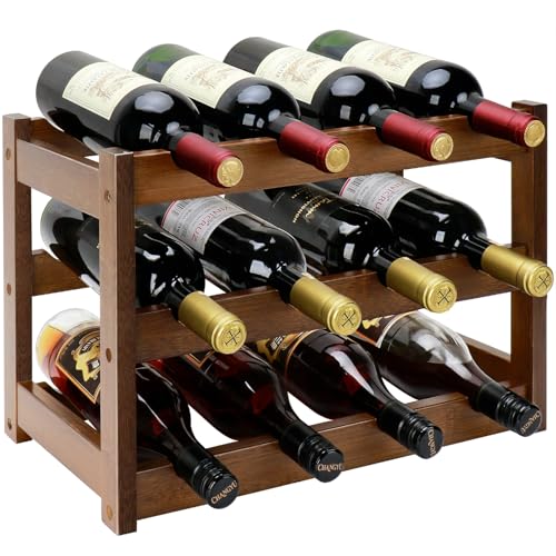 Walnut 3-Tier Bamboo Wine Rack - Holds 12 Bottles, FSC Certified, Space-Saving Storage Shelf