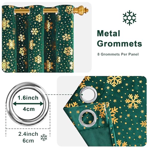 Yinhua 52"x84" Green Velvet Curtains with Gold Snowflake Foil, 2 Panels, Blackout Thermal Drapes