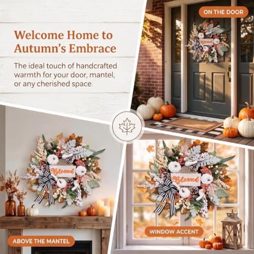 Fall Wreath for Front Door 22 Inch Autumn Harvest Decor with White Pumpkin & Ribbon Bow