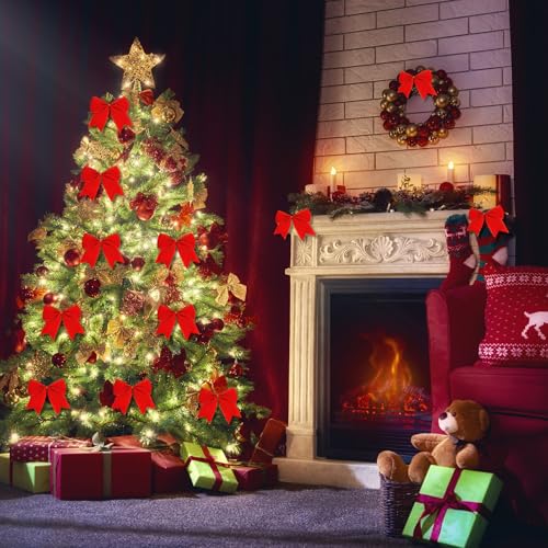 12Pcs Red Velvet Bows Christmas Tree Decorations,6 Inch Xmas Ornaments for Tree Home Party Front Door Wreath Holiday Indoor Inside Decor