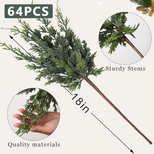 FOTEEWL 64 pcs 18-Inch Artificial Christmas Cedar Branches for Vase & Holiday Decor