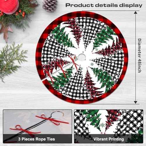 Pines Christmas Tree Skirt 48 Inch, Large Red Black Buffalo Plaid Xmas Tree Skirts, Winter Holiday Tree Mat Decoration